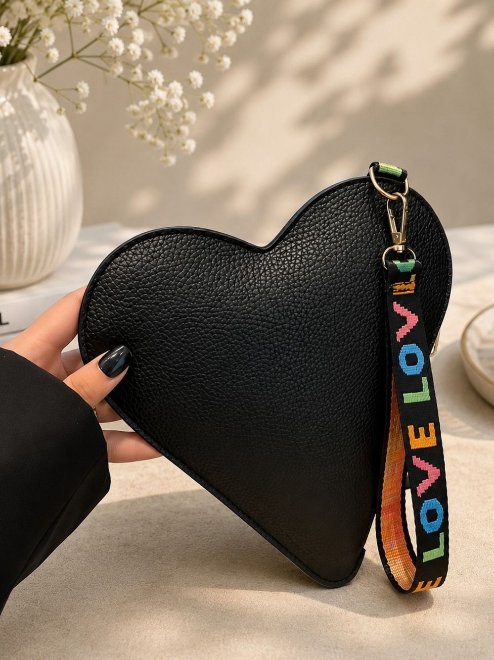 Heart-Shaped Black Faux Leather Wristlet with Colorful 'LOVE' Strap